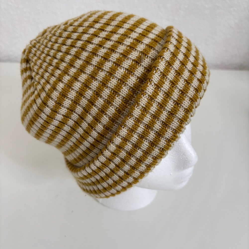 Mustard Yellow and Cream Striped Ribbed Knit Beanie Hat Grunge Streetwear Skater